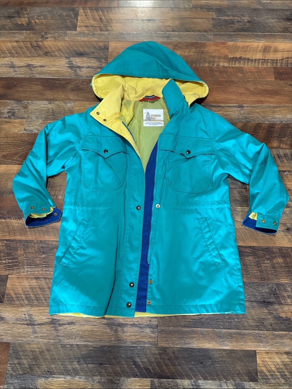 Vintage London Fog 1990s Teal & Yellow Hooded Jacket